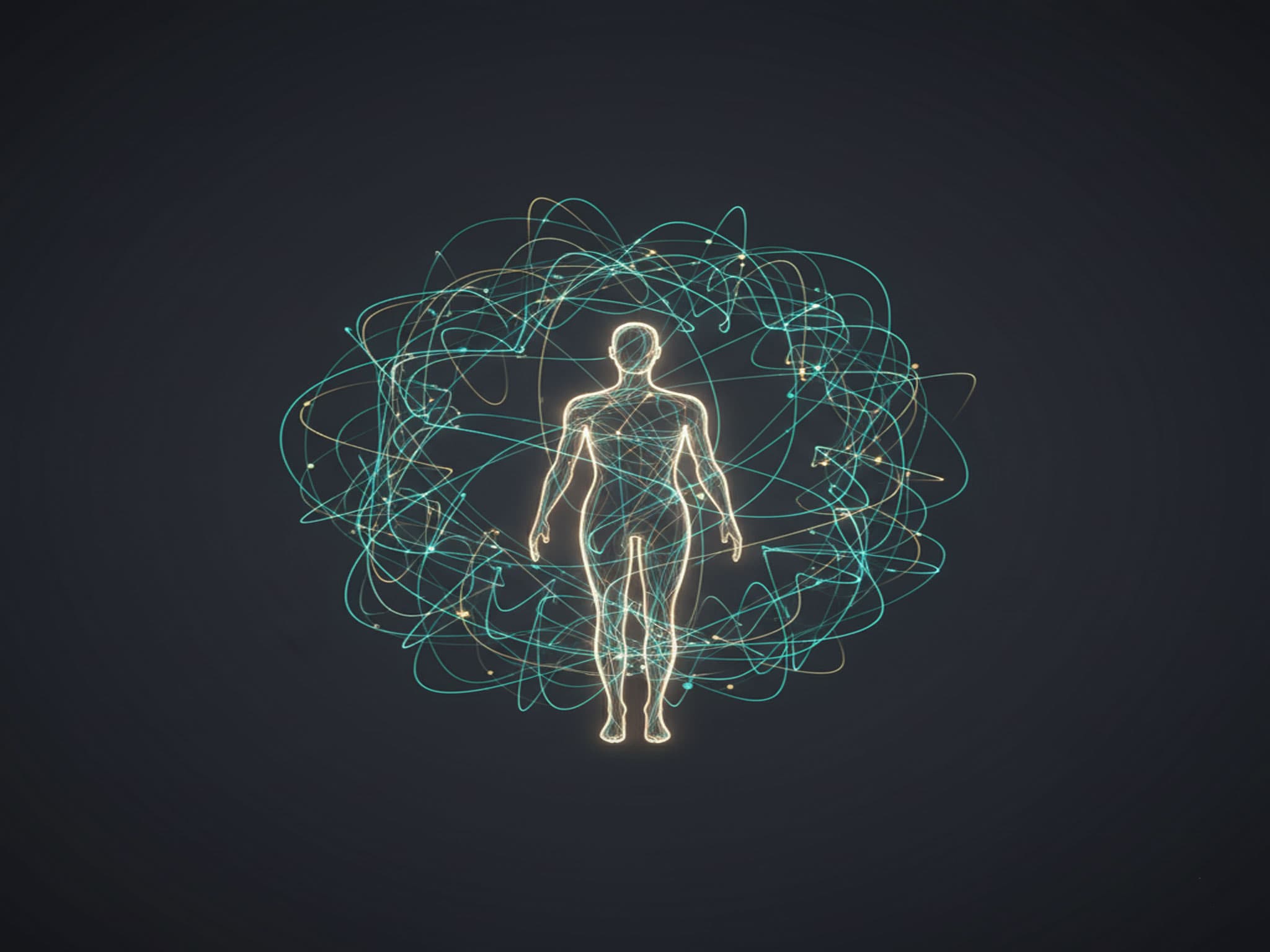 A luminous, stylized outline of a human figure standing upright, glowing with a soft golden light. The figure is enveloped by a dynamic, intricate sphere of intertwining, glowing lines and subtle dots in shades of blue-green and gold, set against a dark, muted background. The lines appear to be in motion, forming a complex, interconnected network around the central human form.