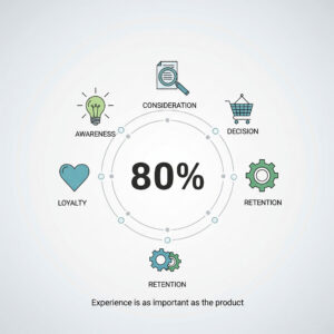 An infographic stating that 80% of customers believe the experience is as important as the product, surrounded by icons for the customer journey stages: Awareness, Consideration, Decision, Retention, and Loyalty.