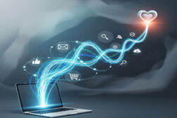 Conceptual image of the digital customer journey, showing a glowing path from a laptop to a heart, symbolizing the journey from awareness to loyalty through various online touchpoints.