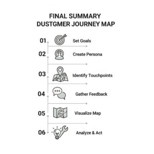 A 6-step flowchart checklist for creating a customer journey map, including setting goals, creating personas, identifying touchpoints, gathering feedback, visualizing the map, and analyzing to act.