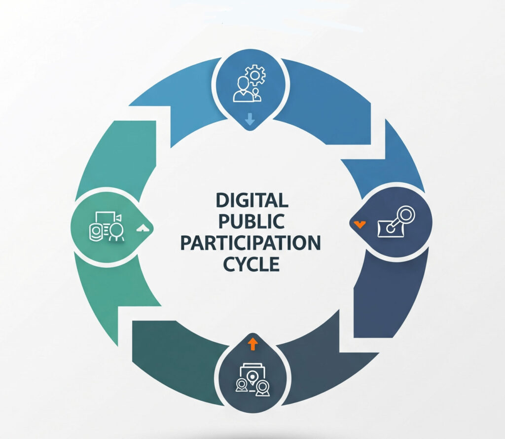 A circular infographic of the 'Digital Public Participation Cycle' illustrating the four key stages of effective community engagement through technology.