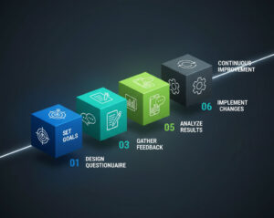 A creative 3D cube infographic illustrating the six-step continuous improvement cycle for healthcare surveys, starting from setting goals and ending with continuous improvement.