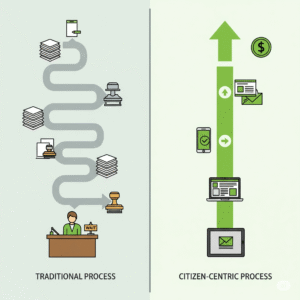 A 'Before and After' flowchart illustrating the shift from a complex, paper-based 'Traditional Process' to a streamlined, digital 'Citizen-Centric Process', highlighting increased efficiency and cost savings.