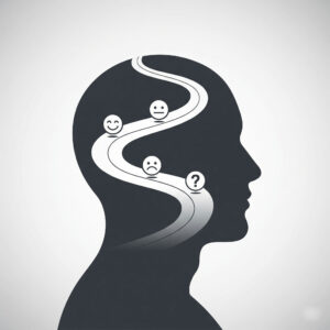 Conceptual image of a human head silhouette with a winding path and emotional icons inside, representing the thoughts and feelings of the customer journey.