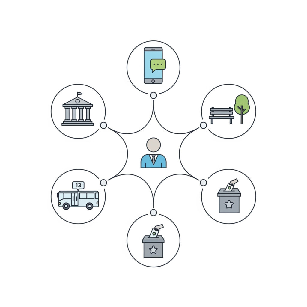 An infographic illustrating the ecosystem of citizen experience, with a central citizen icon connected to key urban touchpoints: a government building (in-person services), a smartphone (digital services), a park (public spaces), a bus (public transport), and a ballot box (civic participation).