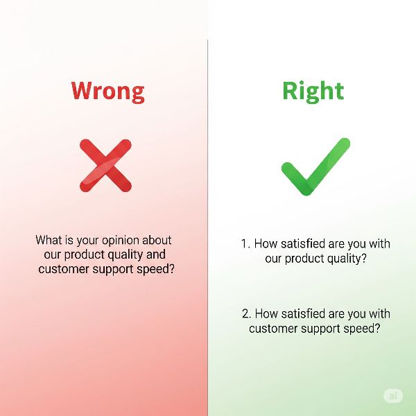 An infographic comparing a 'Wrong' double-barreled survey question with two 'Right' single-focus questions, demonstrating best practices for survey design.