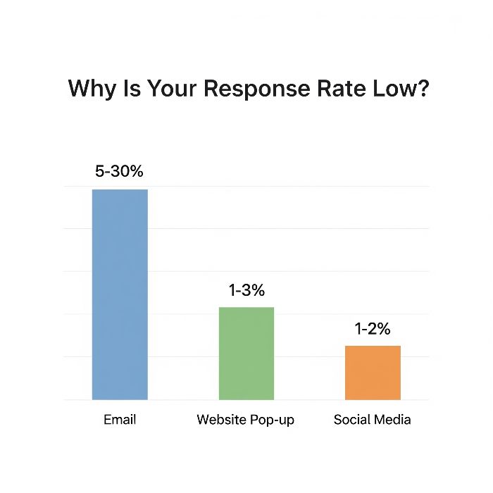 An infographic bar chart titled "Why Is Your Response Rate Low?" showing the average survey response rates for different channels: Email at 5-30%, Website Pop-up at 1-3%, and Social Media at 1-2%.