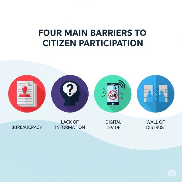 A professional infographic titled 'Four Main Barriers to Citizen Participation'. It displays four modern, circular icons: a stack of papers with a stamp for Bureaucracy, a head with a question mark for Lack of Information, a phone with a 'no signal' symbol for Digital Divide, and two figures separated by a wall for Wall of Distrust.