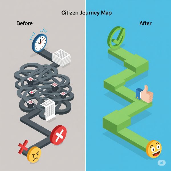 A comparative infographic titled "Citizen Journey Map" showing a complex and lengthy path "Before" simplification alongside a direct and simple path "After", illustrating the impact of human-centered design.