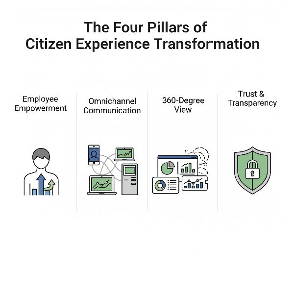 An infographic titled 'The Four Pillars of Citizen Experience Transformation', displaying four icons: a person with a growth arrow for Employee Empowerment, connected devices for Omnichannel Communication, a dashboard for 360-Degree View, and a shield with a lock for Trust & Transparency.