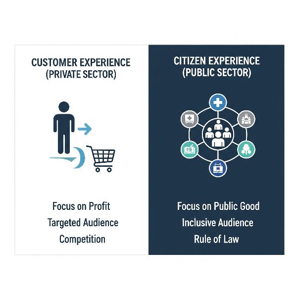 A professional infographic comparing "Customer Experience (Private Sector)" with "Citizen Experience (Public Sector)". The customer side shows a single user path to a shopping cart, while the citizen side shows a diverse group connected to public services.