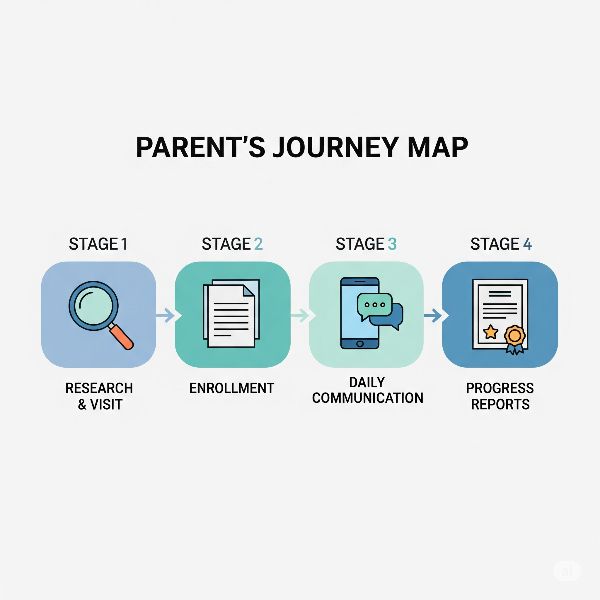An infographic titled "Parent's Journey Map" showing four stages: Stage 1 with a magnifying glass for Research & Visit, Stage 2 with a document for Enrollment, Stage 3 with a smartphone for Daily Communication, and Stage 4 with a certificate for Progress Reports.