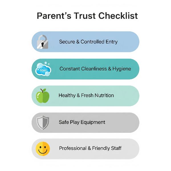 An infographic titled "Parent's Trust Checklist" displaying five essential environmental factors for a kindergarten, including secure entry, cleanliness, healthy nutrition, safe equipment, and friendly staff.