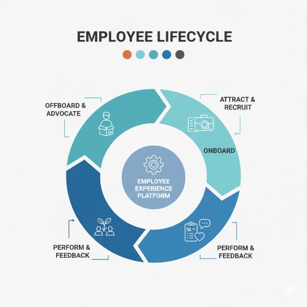 A circular infographic illustrating the 5 stages of the Employee Lifecycle: Attraction & Recruitment, Onboarding, Development & Growth, Performance & Feedback, and Offboarding.
