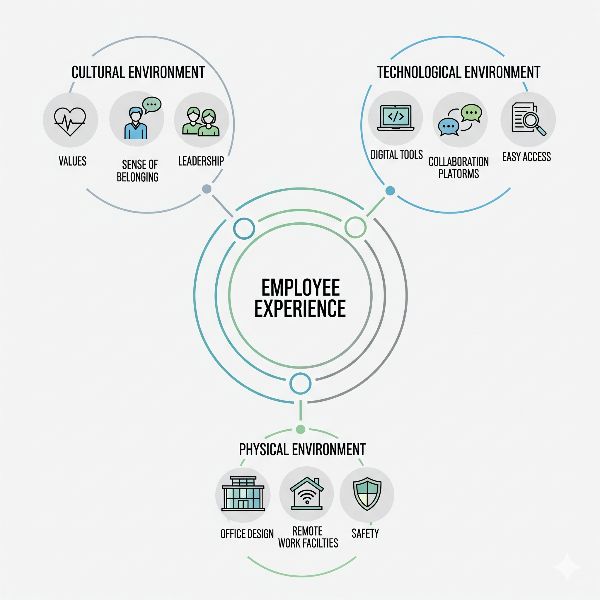 Infographic showing the three core environments of Employee Experience. A central circle labeled "Employee Experience" connects to three sections: "Cultural Environment" with icons for values, sense of belonging, and leadership; "Technological Environment" with icons for digital tools, collaboration platforms, and easy access; and "Physical Environment" with icons for office design, remote work facilities, and safety.