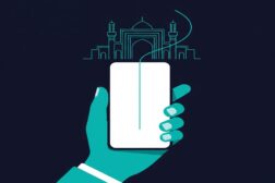 A minimalist illustration of a hand holding a smartphone, with a line of light extending from its screen to draw the outline of the Imam Reza Shrine, symbolizing the connection between technology and the city of Mashhad.