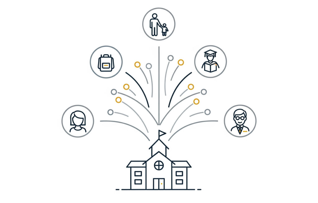 A minimalist infographic depicting a school building at the center, radiating lines connecting to icons of students, parents, and teachers, symbolizing a connected and nurturing school community.