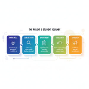 An infographic detailing The Parent & Student Journey in five stages: Awareness (lightbulb), Consideration (magnifying glass), Enrolment (checklist), Engagement (graduation cap), and Advocacy (megaphone), with examples of touchpoints for each stage.
